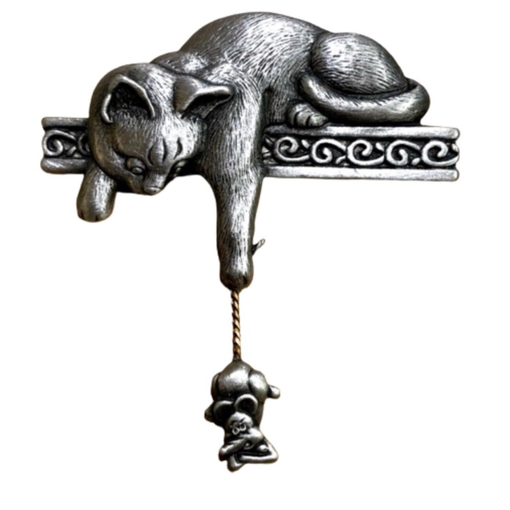 Vintage JJ Jonette Cat Mouse Pin Brooch Satin Silver Pewter Tone ❤️ - Picture 1 of 6